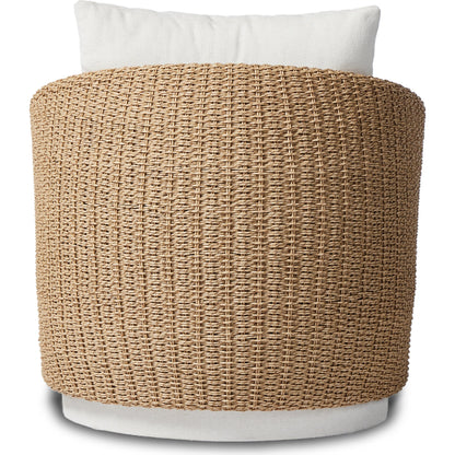 Maven Outdoor Swivel Chair by Four Hands in black hyacinth. Made from 100% polypropylene, 100% polyethylene, 91% polyurethane foam pad, 9% polyester fiber batting in a modern style.