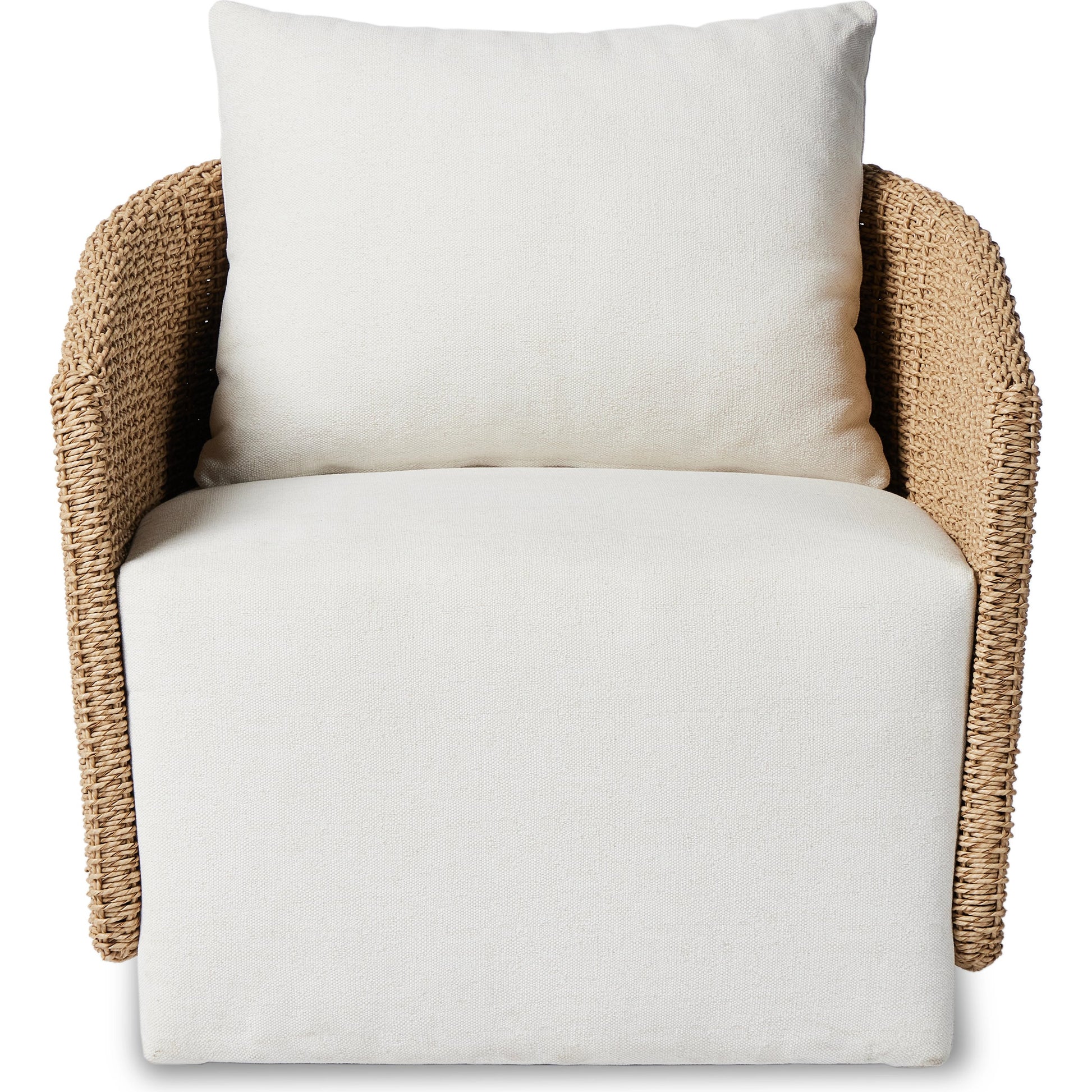 Maven Outdoor Swivel Chair by Four Hands in black hyacinth. Made from 100% polypropylene, 100% polyethylene, 91% polyurethane foam pad, 9% polyester fiber batting in a modern style.