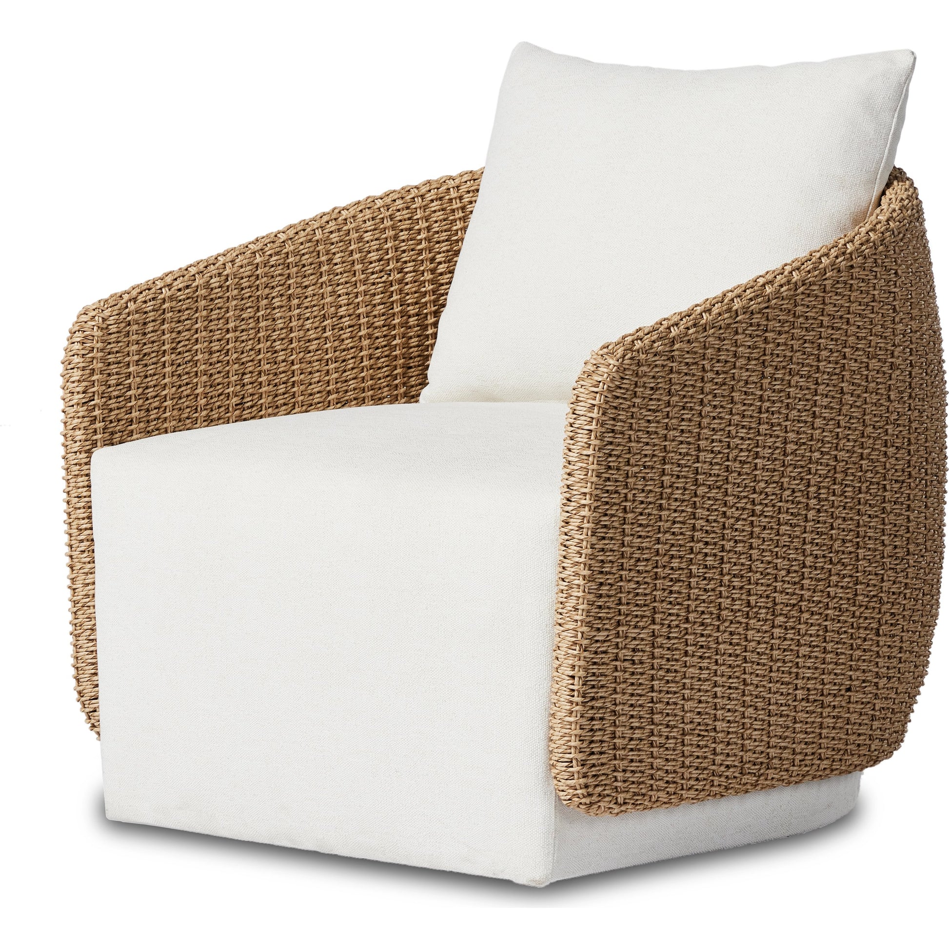 Maven Outdoor Swivel Chair by Four Hands in black hyacinth. Made from 100% polypropylene, 100% polyethylene, 91% polyurethane foam pad, 9% polyester fiber batting in a modern style.