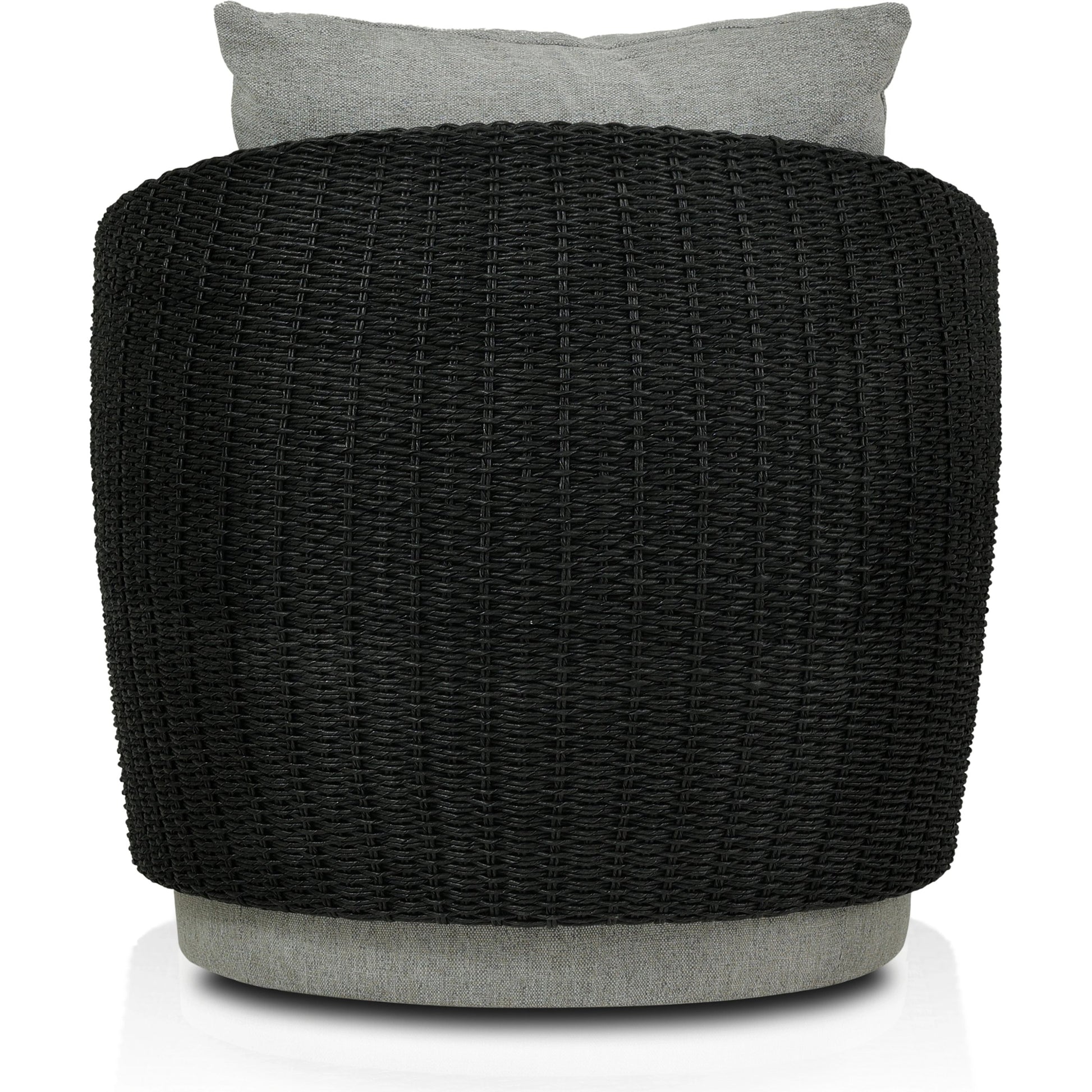 Maven Outdoor Swivel Chair by Four Hands in black hyacinth. Made from 100% polypropylene, 100% polyethylene, 91% polyurethane foam pad, 9% polyester fiber batting in a modern style.