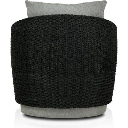 Maven Outdoor Swivel Chair by Four Hands in black hyacinth. Made from 100% polypropylene, 100% polyethylene, 91% polyurethane foam pad, 9% polyester fiber batting in a modern style.