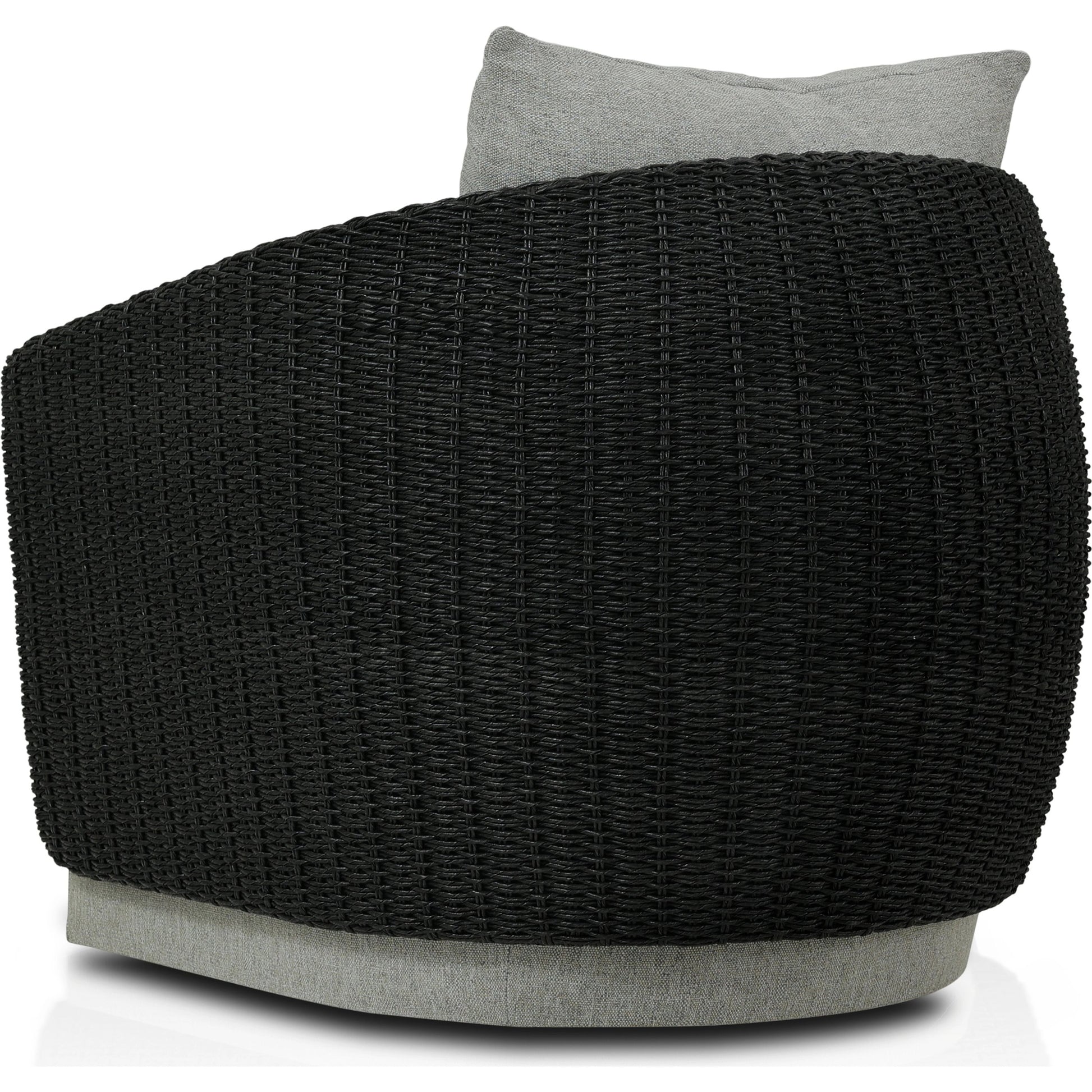 Maven Outdoor Swivel Chair by Four Hands in black hyacinth. Made from 100% polypropylene, 100% polyethylene, 91% polyurethane foam pad, 9% polyester fiber batting in a modern style.