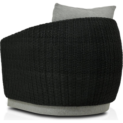 Maven Outdoor Swivel Chair by Four Hands in black hyacinth. Made from 100% polypropylene, 100% polyethylene, 91% polyurethane foam pad, 9% polyester fiber batting in a modern style.