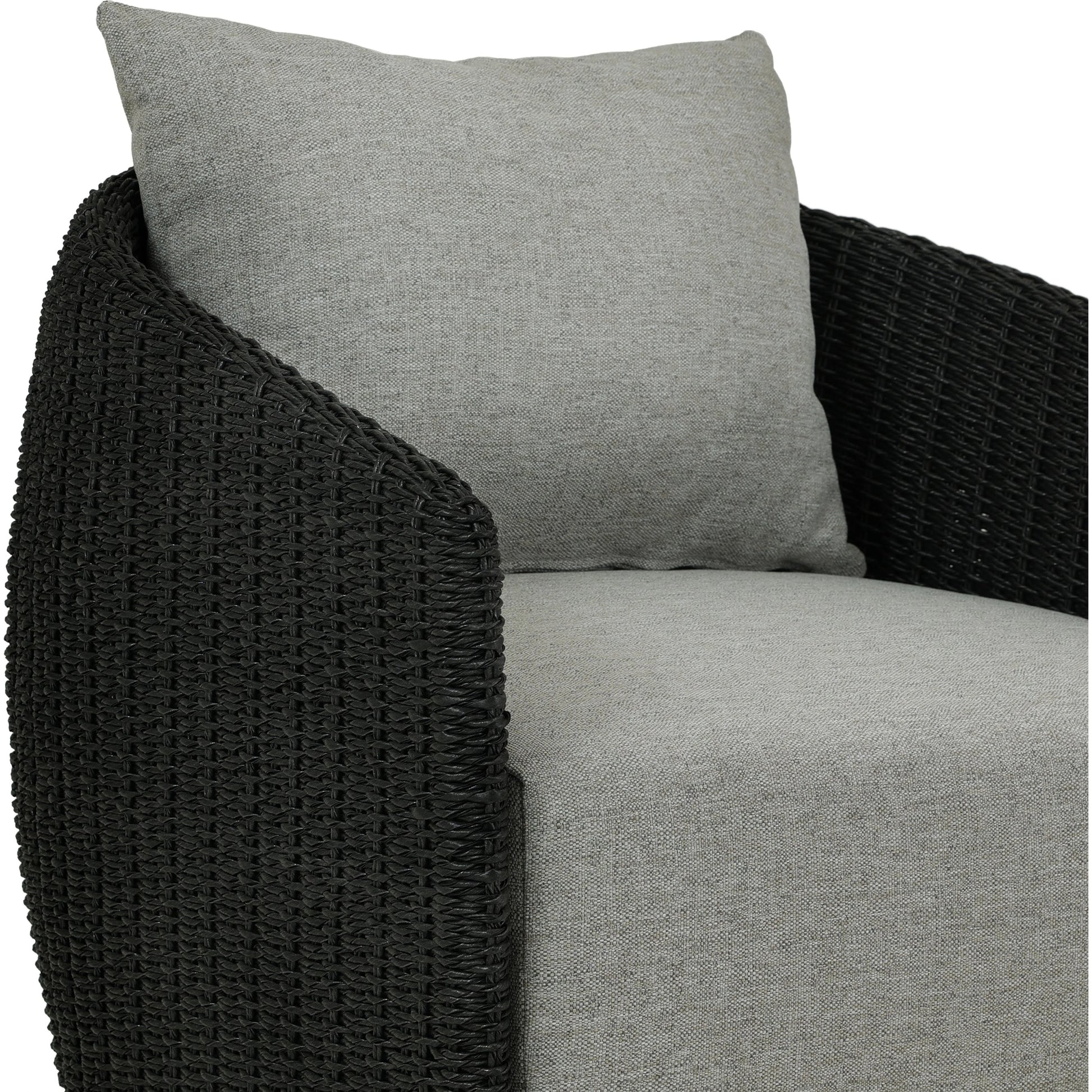 Maven Outdoor Swivel Chair by Four Hands in black hyacinth. Made from 100% polypropylene, 100% polyethylene, 91% polyurethane foam pad, 9% polyester fiber batting in a modern style.