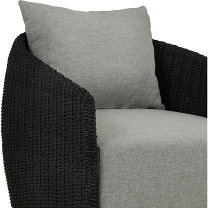 Maven Outdoor Swivel Chair by Four Hands in black hyacinth. Made from 100% polypropylene, 100% polyethylene, 91% polyurethane foam pad, 9% polyester fiber batting in a modern style.