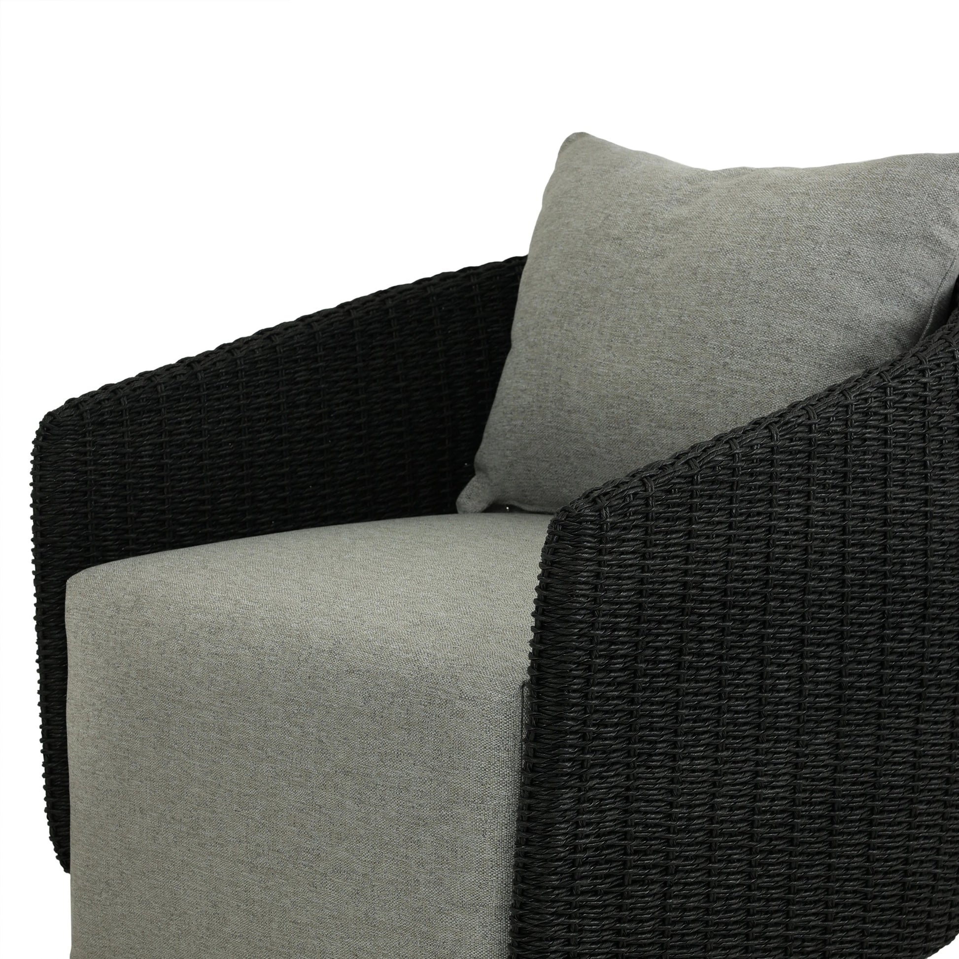 Maven Outdoor Swivel Chair by Four Hands in black hyacinth. Made from 100% polypropylene, 100% polyethylene, 91% polyurethane foam pad, 9% polyester fiber batting in a modern style.