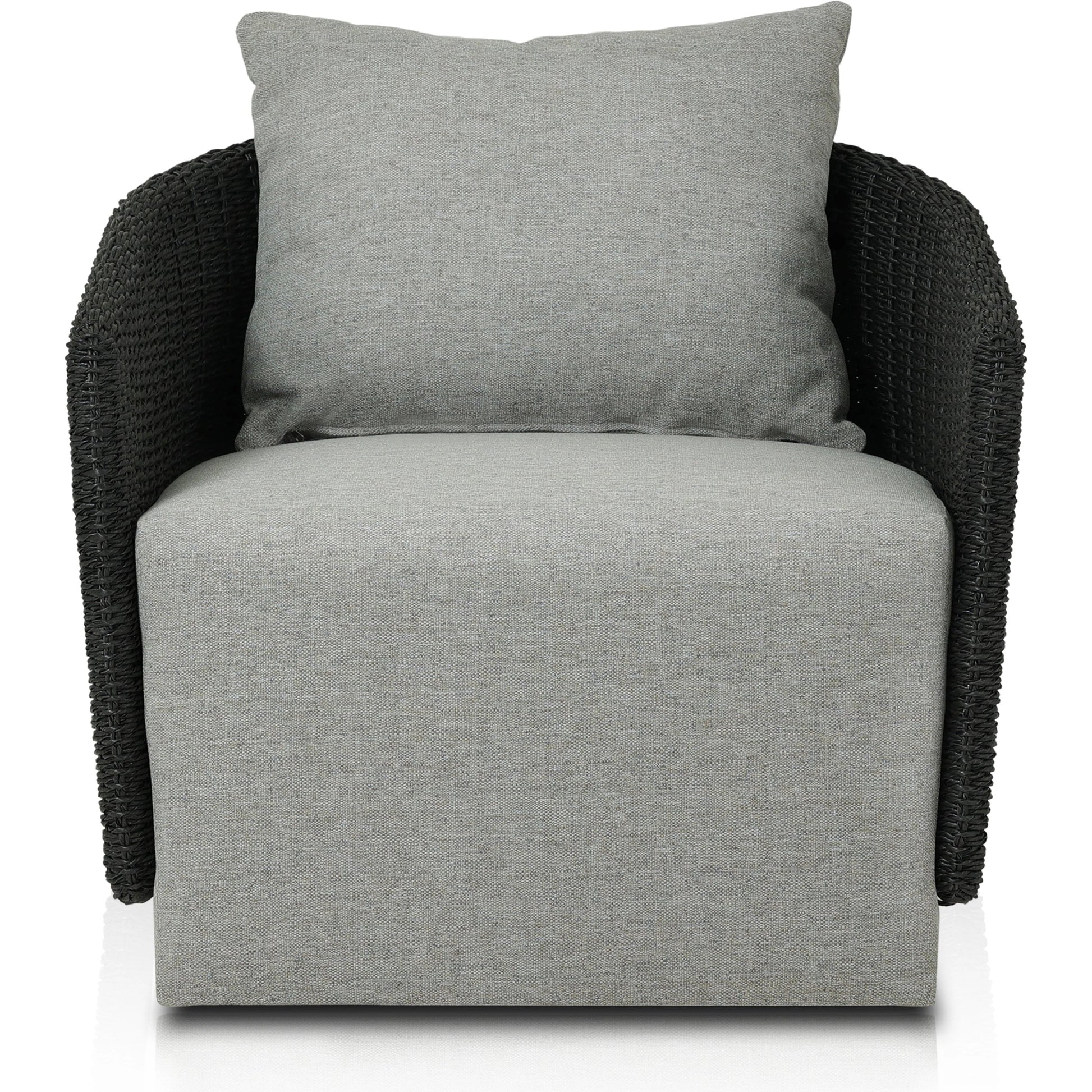 Maven Outdoor Swivel Chair by Four Hands in black hyacinth. Made from 100% polypropylene, 100% polyethylene, 91% polyurethane foam pad, 9% polyester fiber batting in a modern style.