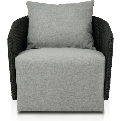 Maven Outdoor Swivel Chair by Four Hands in black hyacinth. Made from 100% polypropylene, 100% polyethylene, 91% polyurethane foam pad, 9% polyester fiber batting in a modern style.