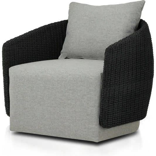 Maven Outdoor Swivel Chair by Four Hands in black hyacinth. Made from 100% polypropylene, 100% polyethylene, 91% polyurethane foam pad, 9% polyester fiber batting in a modern style.