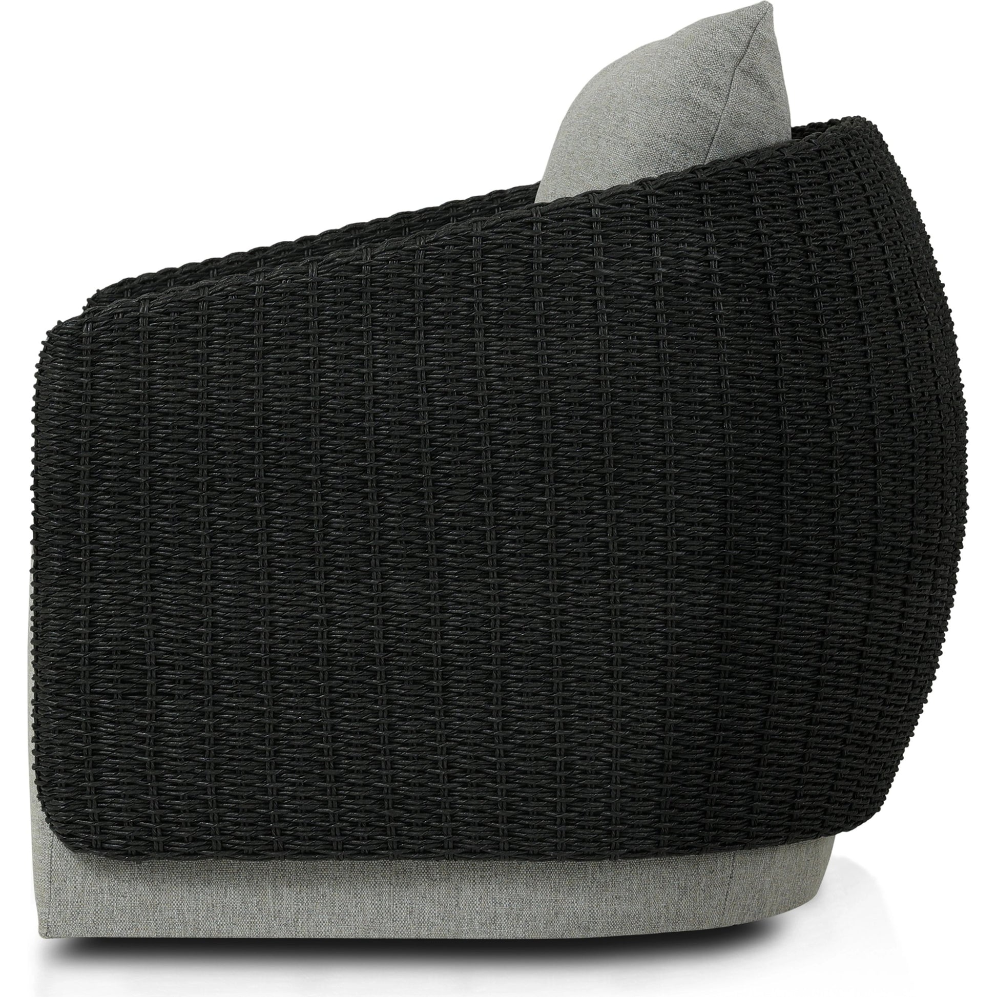 Maven Outdoor Swivel Chair by Four Hands in black hyacinth. Made from 100% polypropylene, 100% polyethylene, 91% polyurethane foam pad, 9% polyester fiber batting in a modern style.