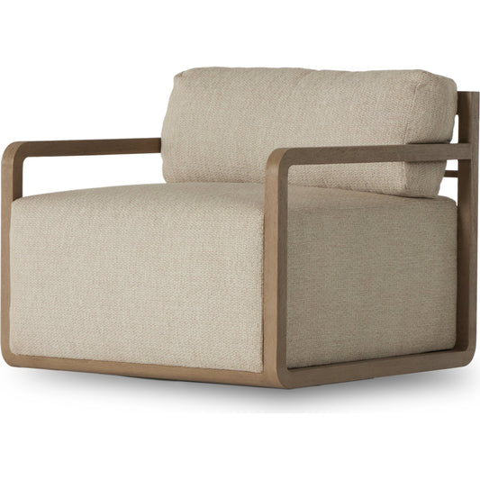 Stroud Outdoor Swivel Chair by Four Hands in faye sand, washed brown. Made from 100% olefin, solid fsc®-certified teak, 59% polyurethane foam, 30% polyester fiber, 11% polyester fiber batting in a modern style.