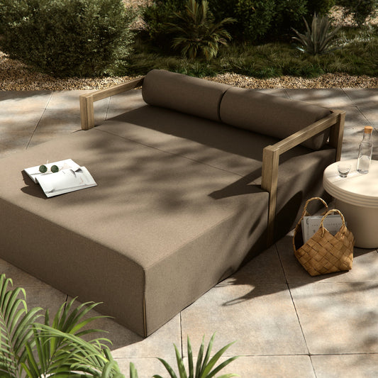 Laskin Outdoor Daybed by Four Hands in alessi fawn and washed brown. Made from 100% polypropylene, solid fsc®-certified teak, 91% polyurethane foam pad, 9% polyester fiber batting in a modern style.