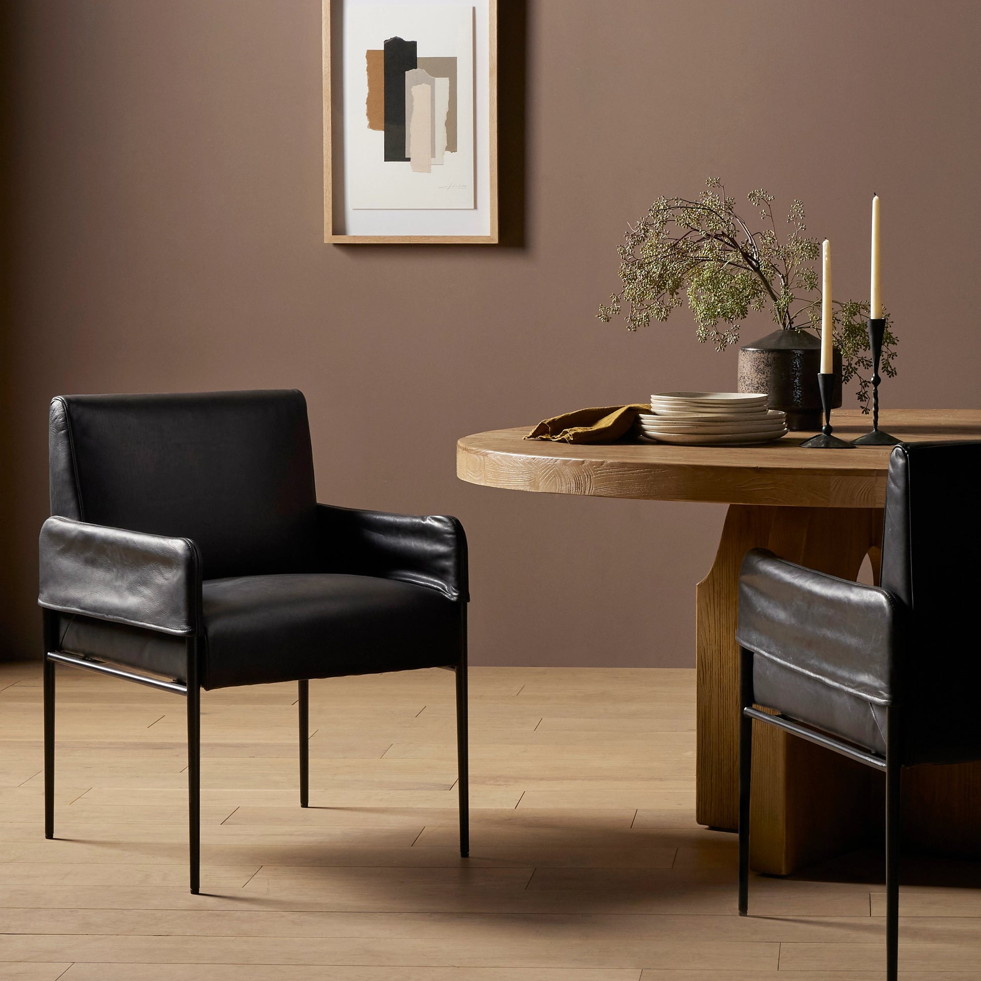 Brickel Dining Armchair by Four Hands in light taupe. Made from 100% polyester, iron, 93% polyurethane foam pad, 7% polyester fiber batting in a modern style.