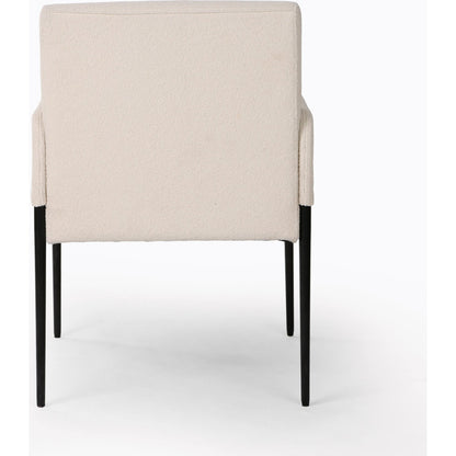Brickel Dining Armchair by Four Hands in light taupe. Made from 100% polyester, iron, 93% polyurethane foam pad, 7% polyester fiber batting in a modern style.