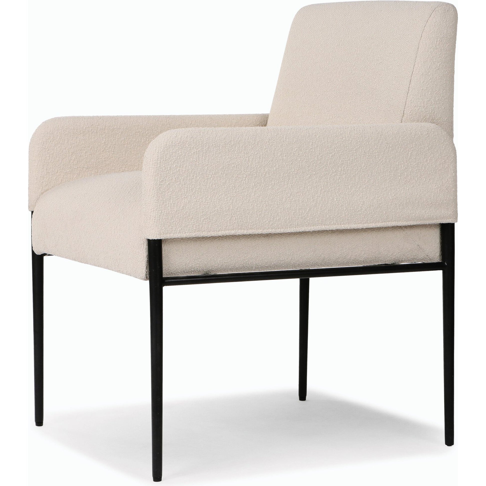 Brickel Dining Armchair by Four Hands in light taupe. Made from 100% polyester, iron, 93% polyurethane foam pad, 7% polyester fiber batting in a modern style.