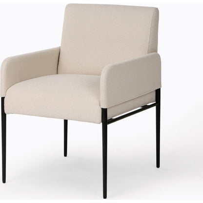 Brickel Dining Armchair by Four Hands in light taupe. Made from 100% polyester, iron, 93% polyurethane foam pad, 7% polyester fiber batting in a modern style.