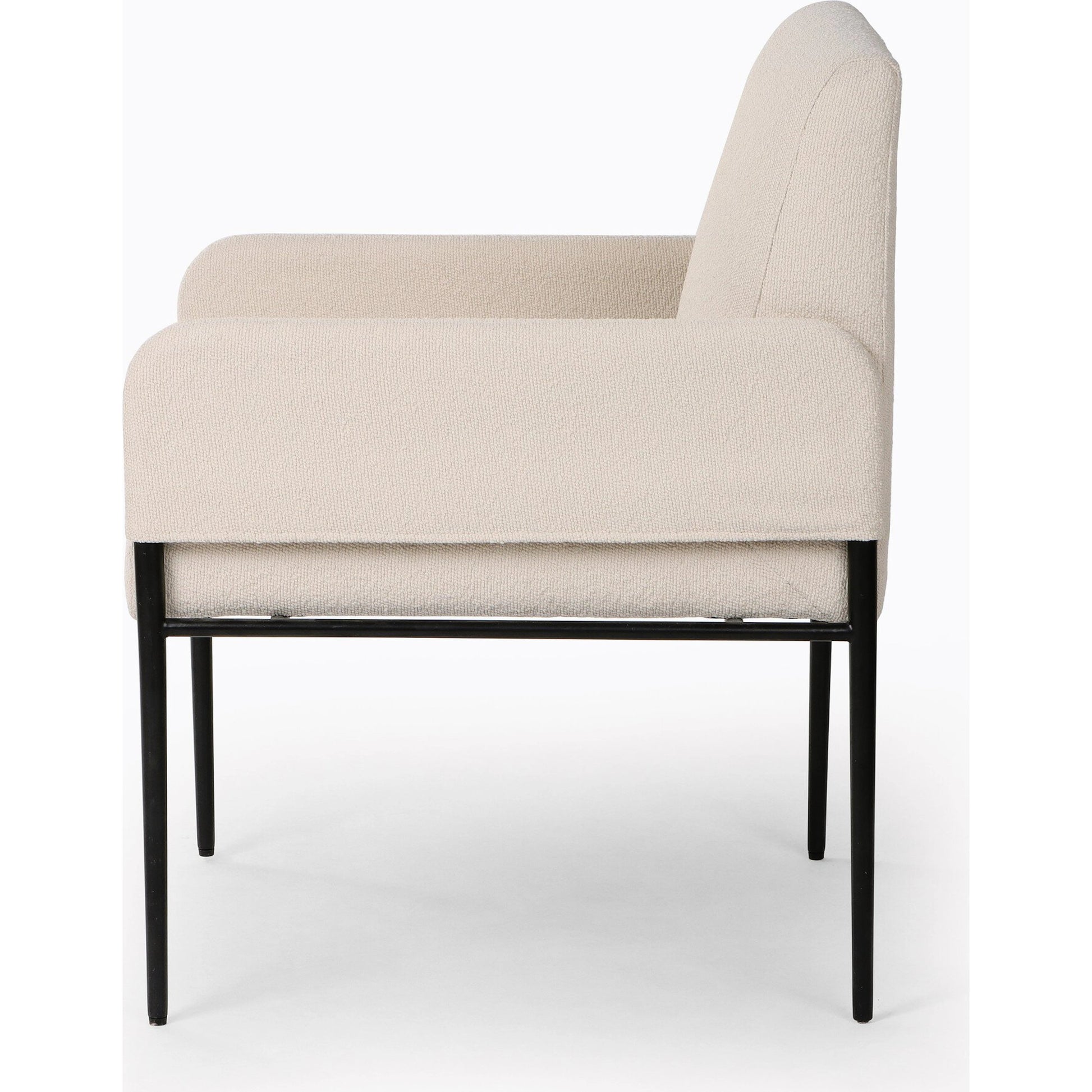 Brickel Dining Armchair by Four Hands in light taupe. Made from 100% polyester, iron, 93% polyurethane foam pad, 7% polyester fiber batting in a modern style.