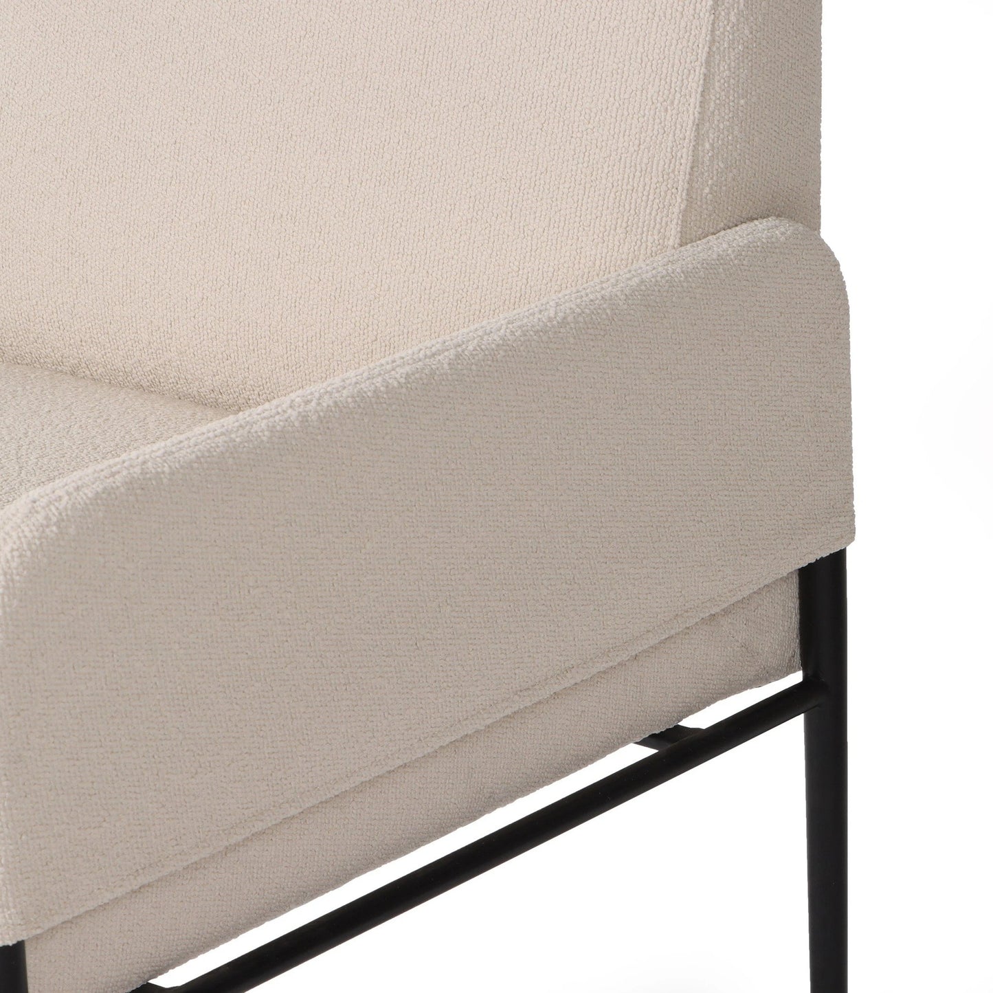 007 SI-2137234 | Closeup | Brickel Dining Armchair by Four Hands in light taupe. Made from 100% polyester, iron, 93% polyurethane foam pad, 7% polyester fiber batting in a modern style.