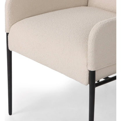 Brickel Dining Armchair by Four Hands in light taupe. Made from 100% polyester, iron, 93% polyurethane foam pad, 7% polyester fiber batting in a modern style.