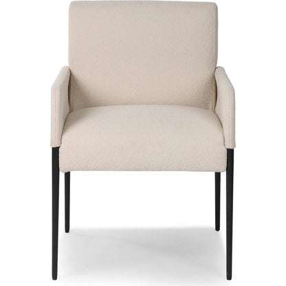 Brickel Dining Armchair by Four Hands in light taupe. Made from 100% polyester, iron, 93% polyurethane foam pad, 7% polyester fiber batting in a modern style.