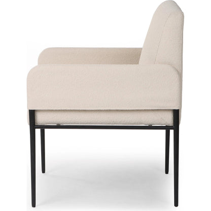 Brickel Dining Armchair by Four Hands in light taupe. Made from 100% polyester, iron, 93% polyurethane foam pad, 7% polyester fiber batting in a modern style.