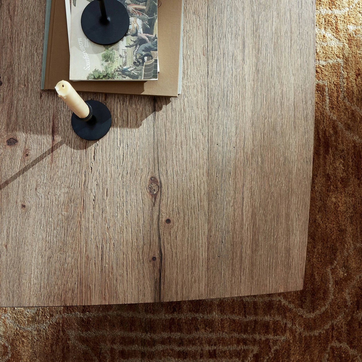 012 SI-2137241 | Closeup | Brinton Square Coffee Table by Four Hands in rustic oak. Made from thick oak veneer, engineered hardwood in a modern style.