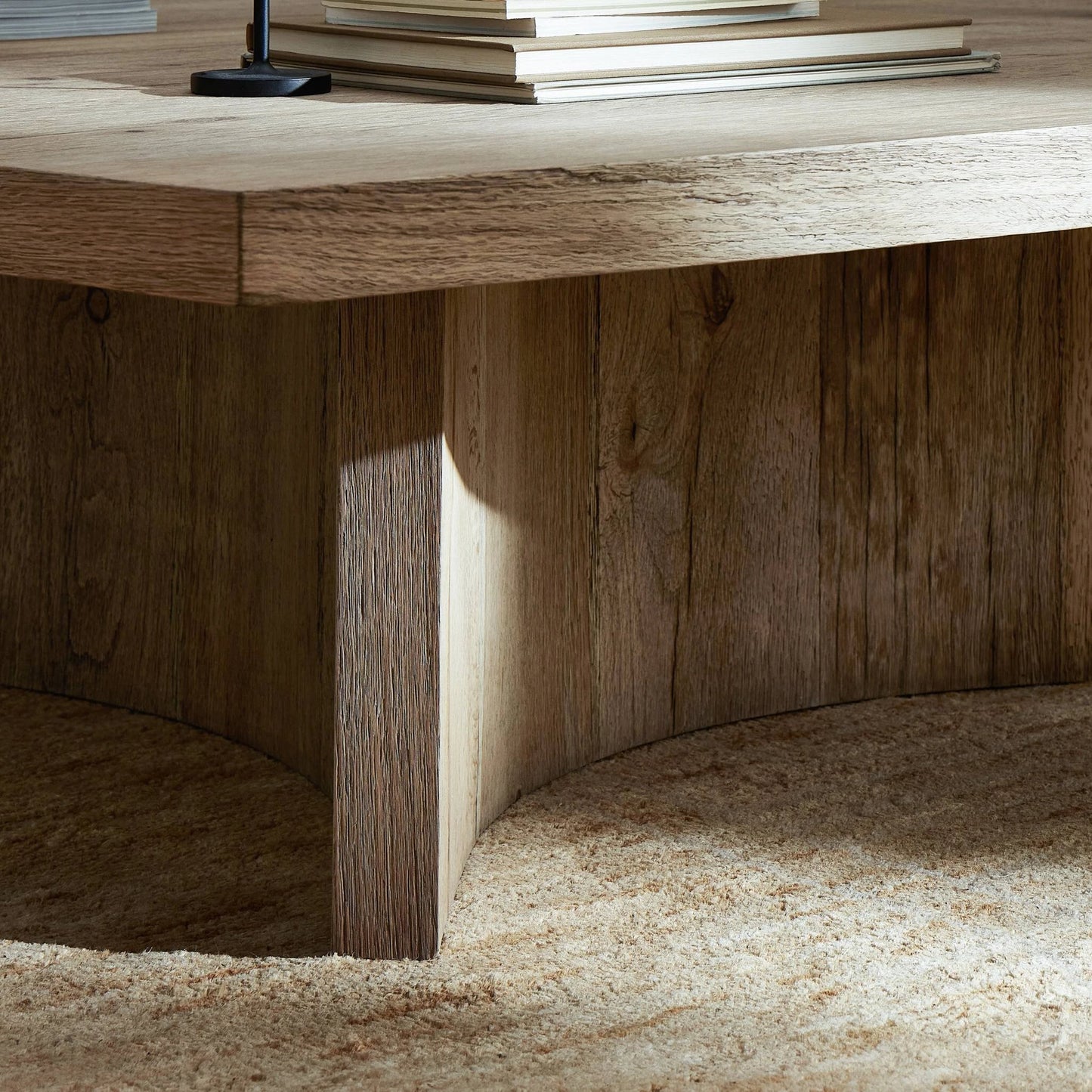011 SI-2137241 | Closeup | Brinton Square Coffee Table by Four Hands in rustic oak. Made from thick oak veneer, engineered hardwood in a modern style.