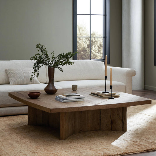 Brinton Square Coffee Table by Four Hands in rustic oak. Made from thick oak veneer, engineered hardwood in a modern style.