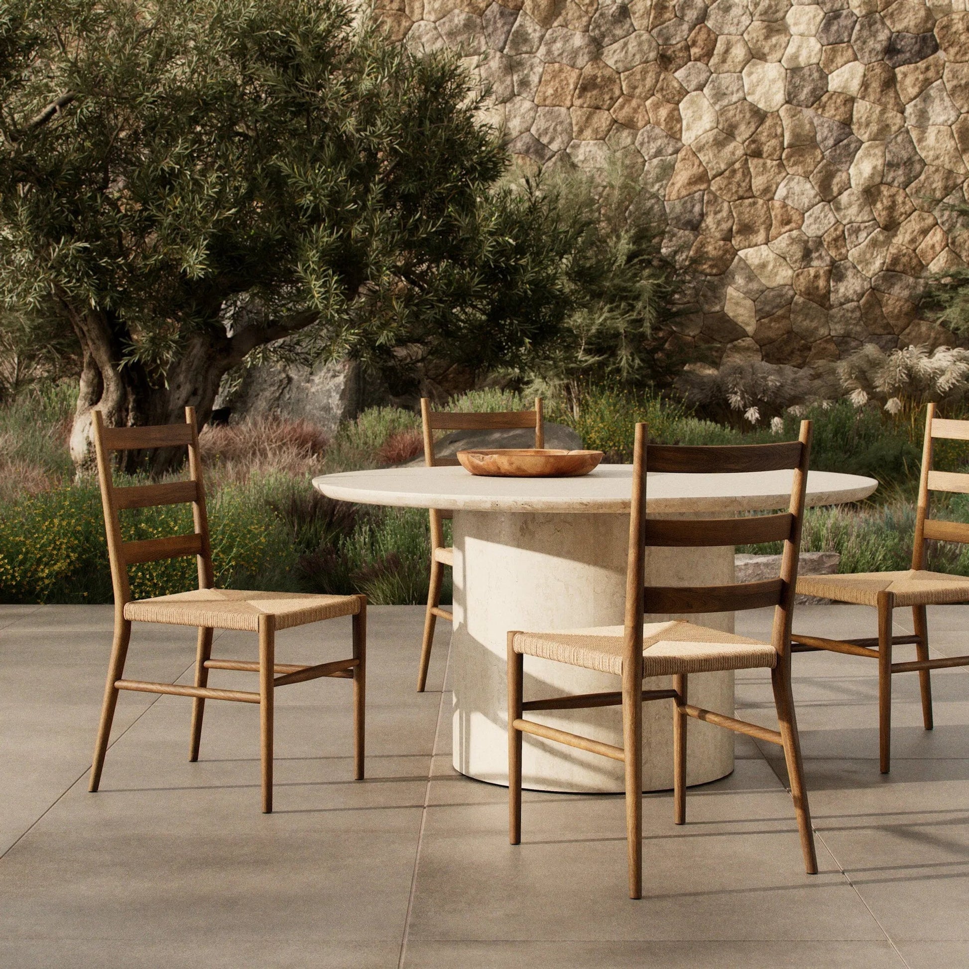 Ladder Back Outdoor Dining Chair by Four Hands. Made from 100% polyethylene, solid teak in a transitional style.