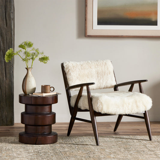 Papile Chair by Four Hands in cream shearling, terra brown nettlewood. Made from 100% sheared sheepskin, solid nettlewood, 100% polyester in a modern style.