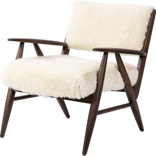 Papile Chair by Four Hands in cream shearling, terra brown nettlewood. Made from 100% sheared sheepskin, solid nettlewood, 100% polyester in a modern style.