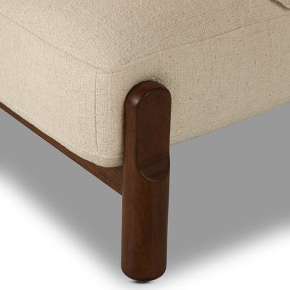 Kingston Chair by Four Hands in omari natural and terra brown parawood. Made from 79% polyester, 16% viscose (rayon), 5% flax, linen, solid parawood, 90% polyurethane foam, 10% fiber in a modern style.