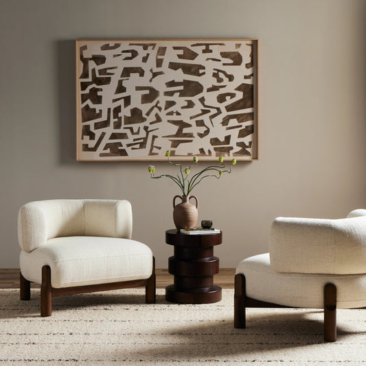 Kingston Chair by Four Hands in omari natural and terra brown parawood. Made from 79% polyester, 16% viscose (rayon), 5% flax, linen, solid parawood, 90% polyurethane foam, 10% fiber in a modern style.