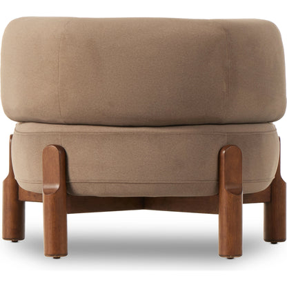 Kingston Chair by Four Hands in omari natural and terra brown parawood. Made from 79% polyester, 16% viscose (rayon), 5% flax, linen, solid parawood, 90% polyurethane foam, 10% fiber in a modern style.