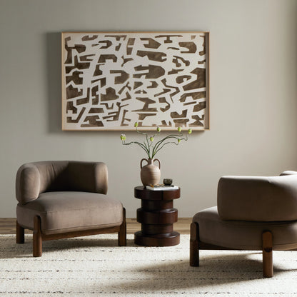 Kingston Chair by Four Hands in omari natural and terra brown parawood. Made from 79% polyester, 16% viscose (rayon), 5% flax, linen, solid parawood, 90% polyurethane foam, 10% fiber in a modern style.