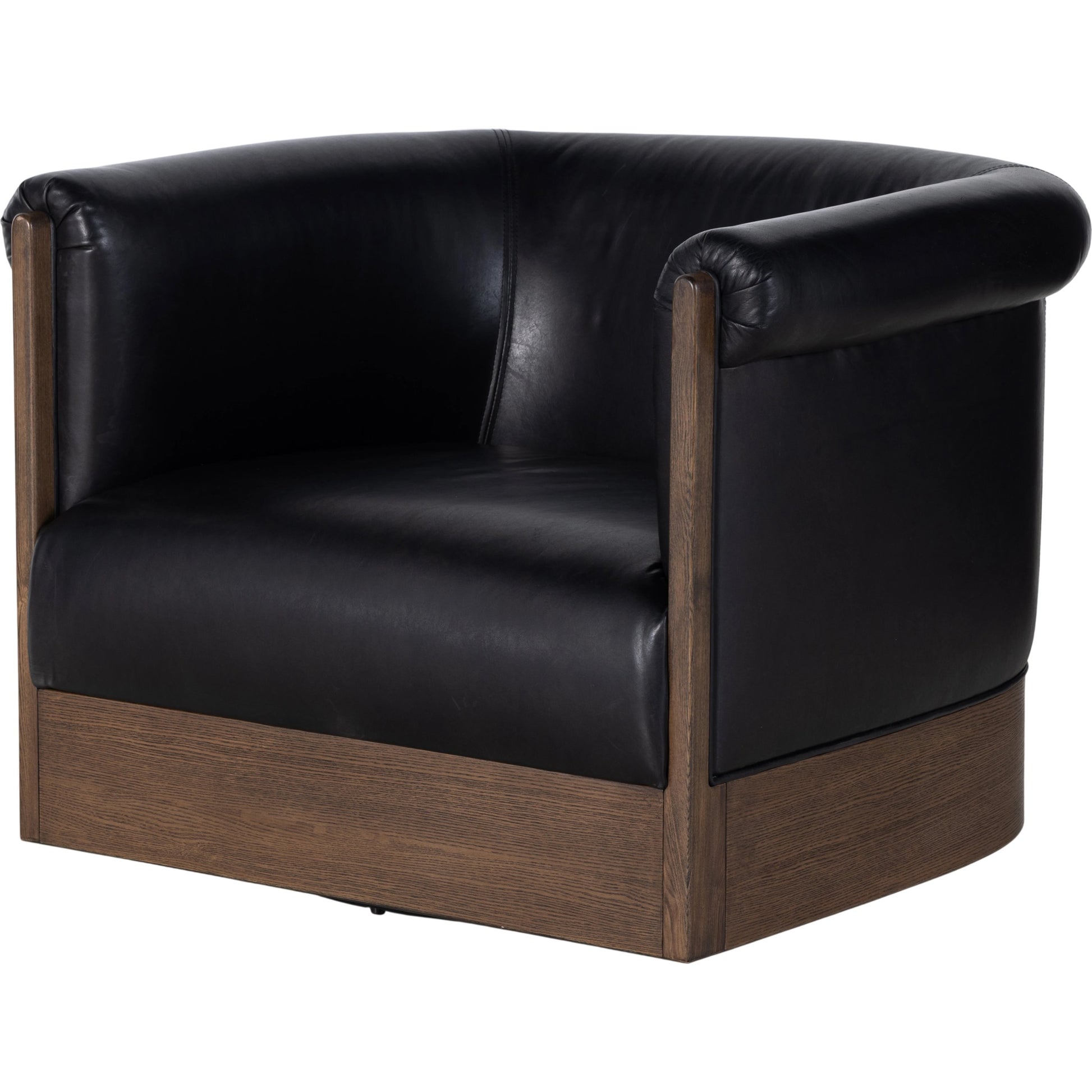 Colby Swivel Chair by Four Hands in vintage ash veneer, heirloom black, vintage ash. Made from top grain leather, ash veneer, solid ash in a modern style.