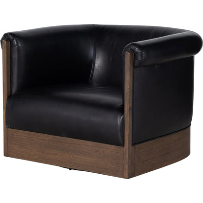 Colby Swivel Chair by Four Hands in vintage ash veneer, heirloom black, vintage ash. Made from top grain leather, ash veneer, solid ash in a modern style.