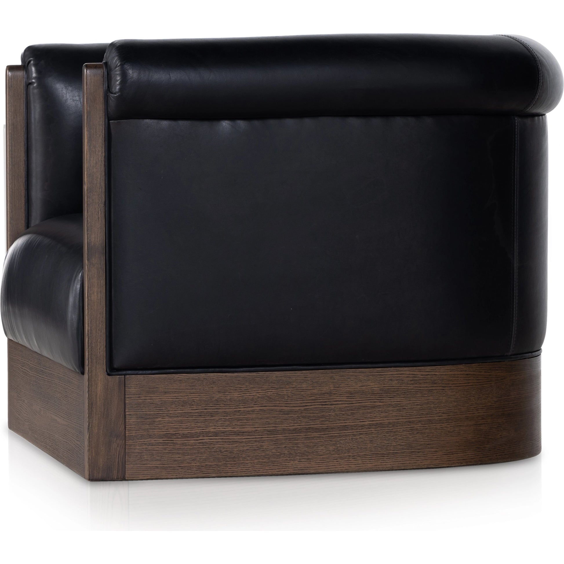 Colby Swivel Chair by Four Hands in vintage ash veneer, heirloom black, vintage ash. Made from top grain leather, ash veneer, solid ash in a modern style.