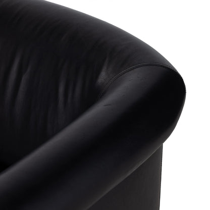 Colby Swivel Chair by Four Hands in vintage ash veneer, heirloom black, vintage ash. Made from top grain leather, ash veneer, solid ash in a modern style.