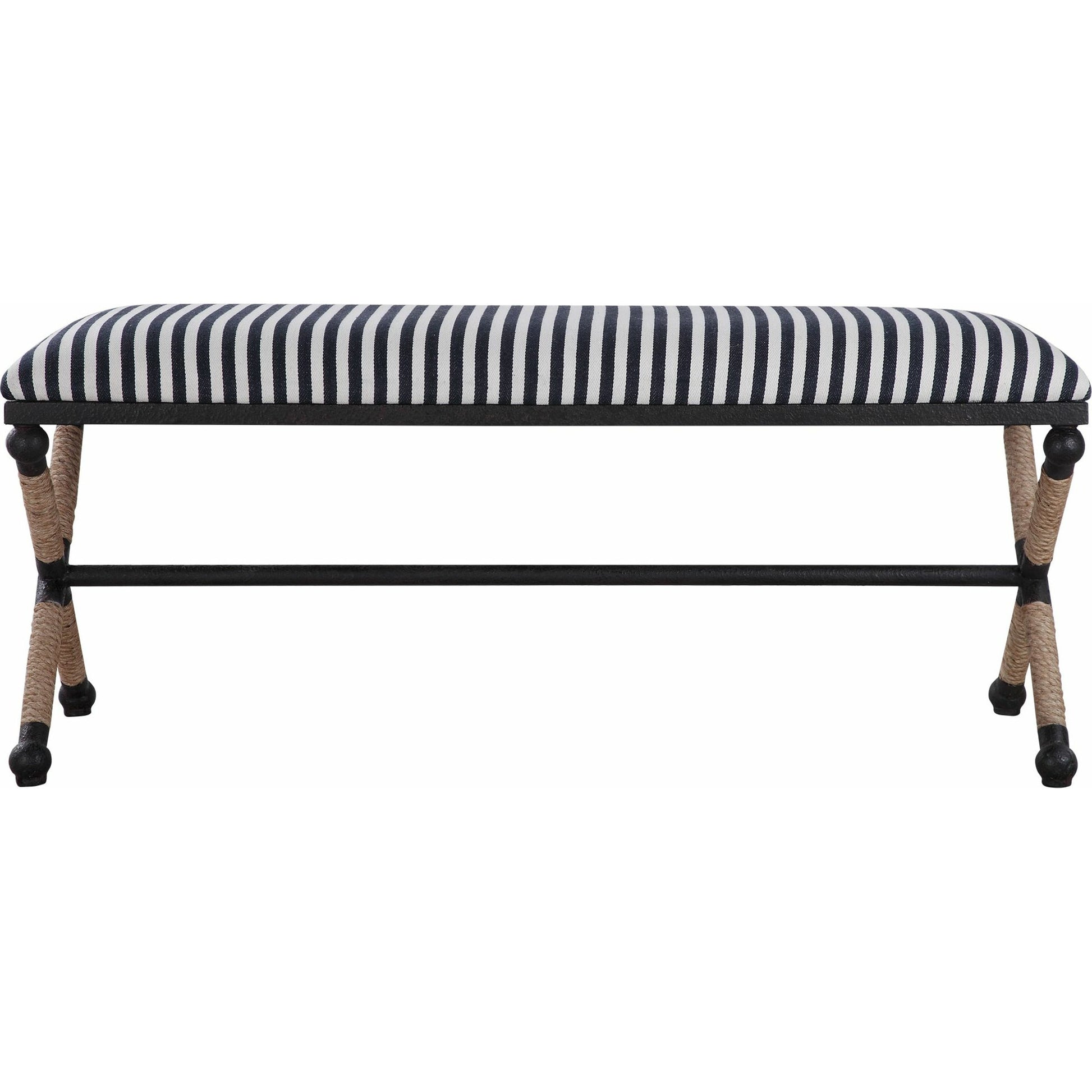 Braddock Bench by Uttermost in navy, cream. Made from iron, mdf, rope, foam, fabric in a coastal style.