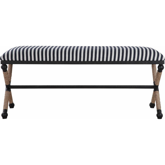 Braddock Bench by Uttermost in navy, cream. Made from iron, mdf, rope, foam, fabric in a coastal style.