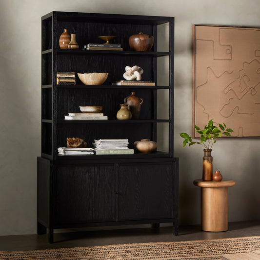 Hopkins Bookcase by Four Hands in brushed ebony oak. Made from solid oak, oak veneer, iron in a modern style.
