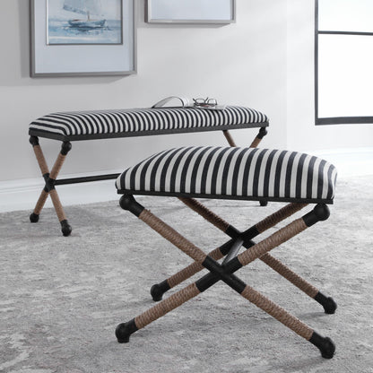 Braddock Bench by Uttermost in navy, cream. Made from iron, mdf, rope, foam, fabric in a coastal style.