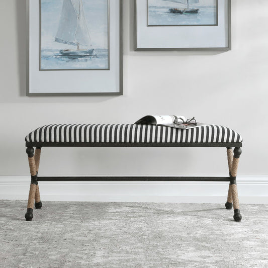 Braddock Bench by Uttermost in navy, cream. Made from iron, mdf, rope, foam, fabric in a coastal style.
