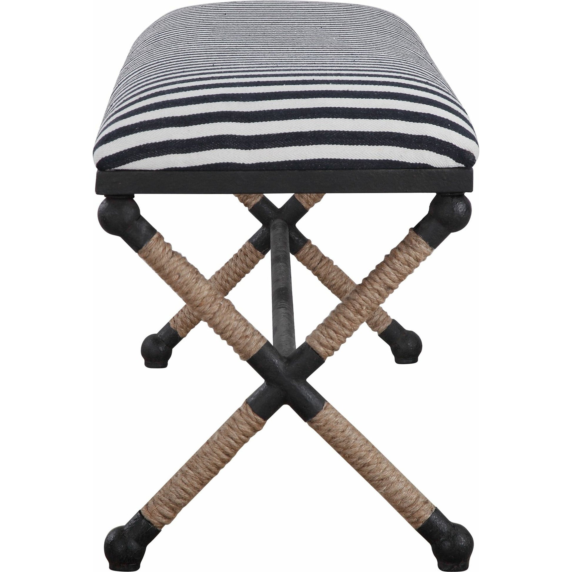 Braddock Bench by Uttermost in navy, cream. Made from iron, mdf, rope, foam, fabric in a coastal style.