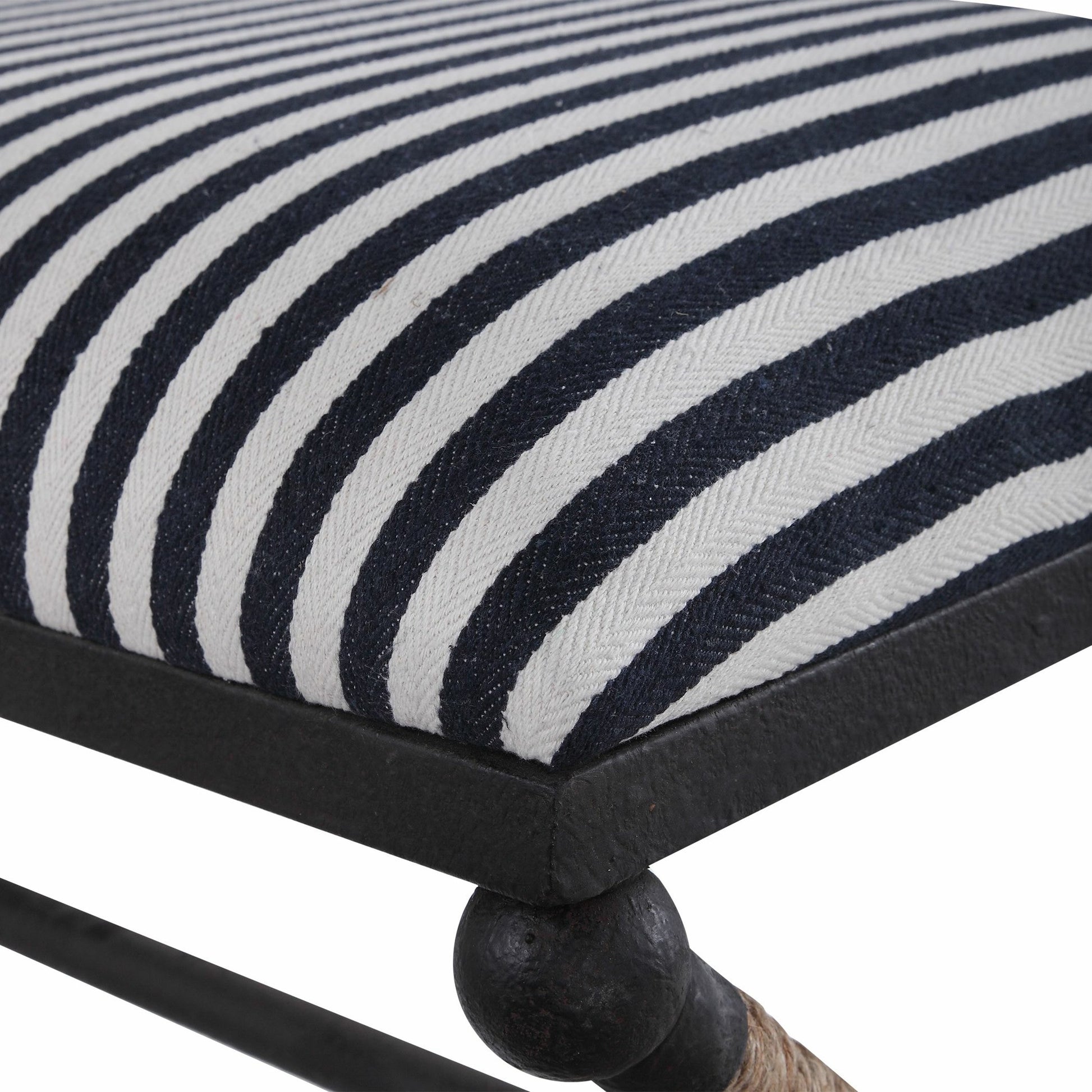 Braddock Bench by Uttermost in navy, cream. Made from iron, mdf, rope, foam, fabric in a coastal style.