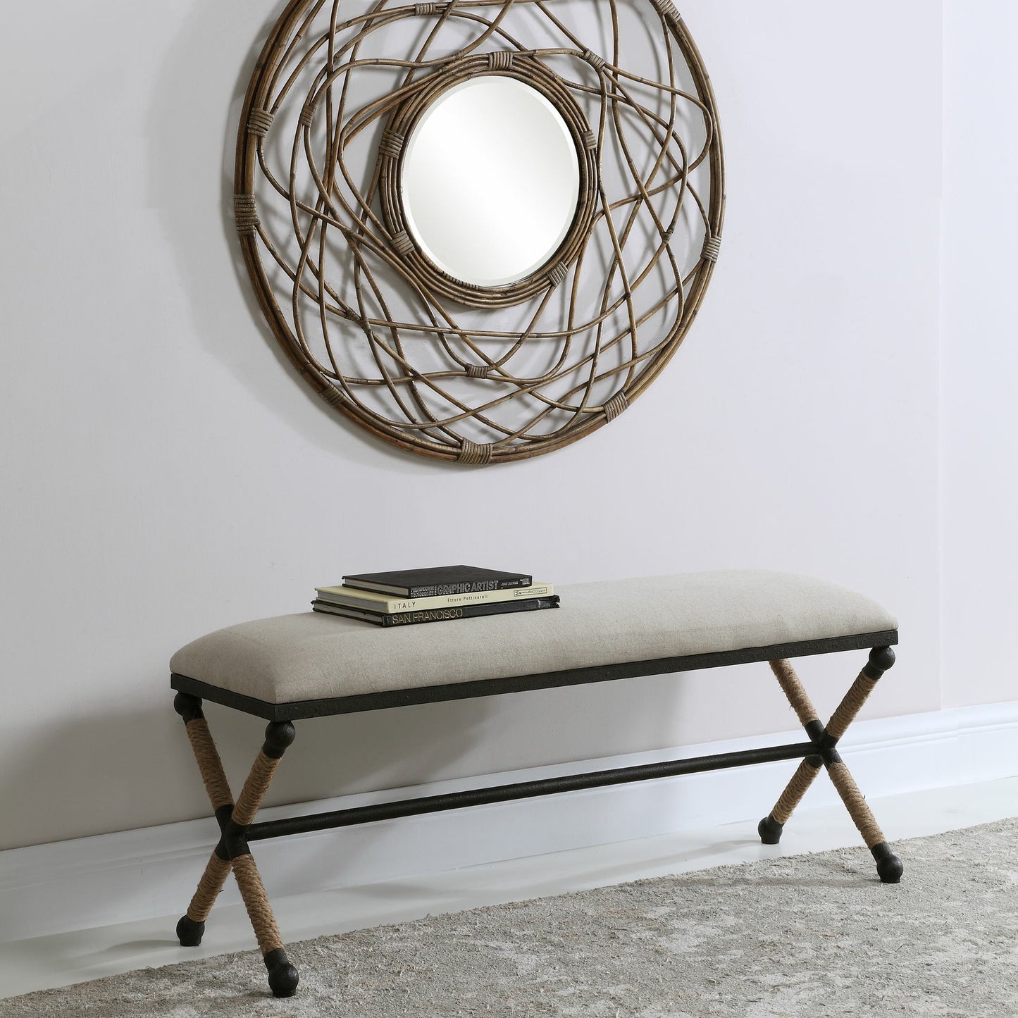 006 SR-766709 | Additional Silo | Firth Bench by Uttermost. Made from iron, mdf, rope, foam, fabric in a coastal style.