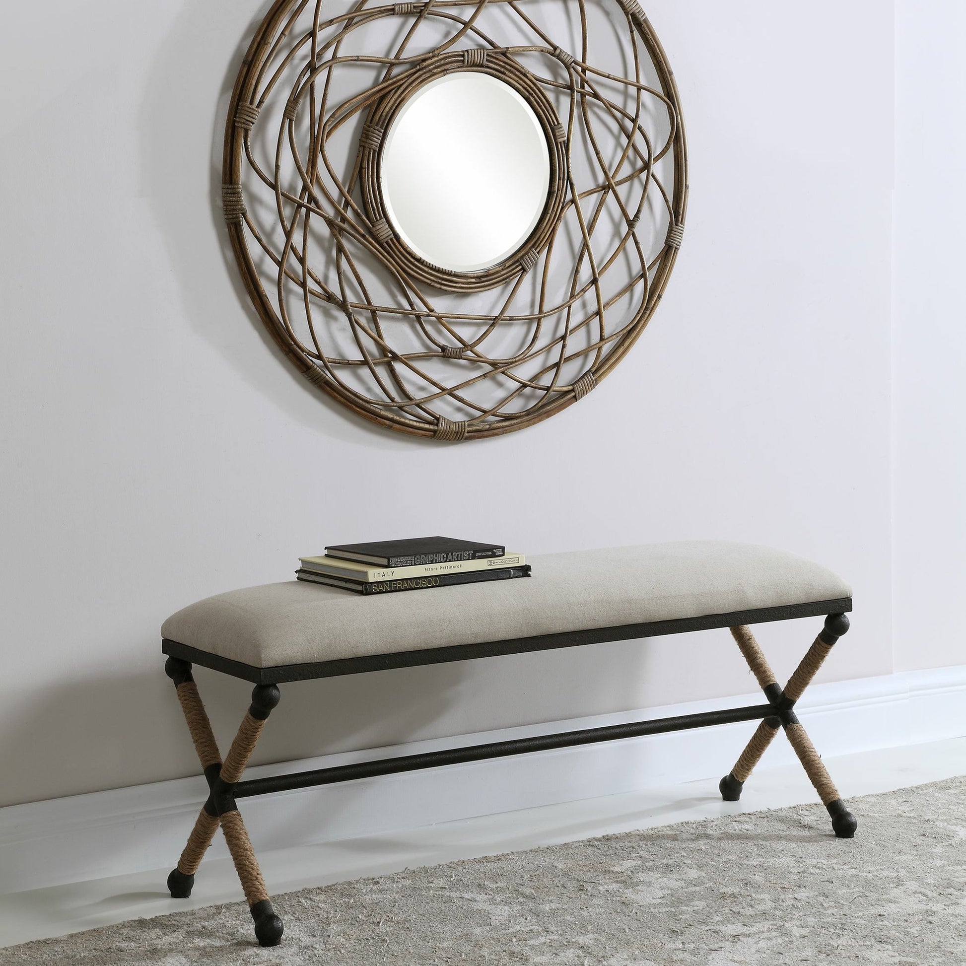 Firth Bench by Uttermost. Made from iron, mdf, rope, foam, fabric in a coastal style.
