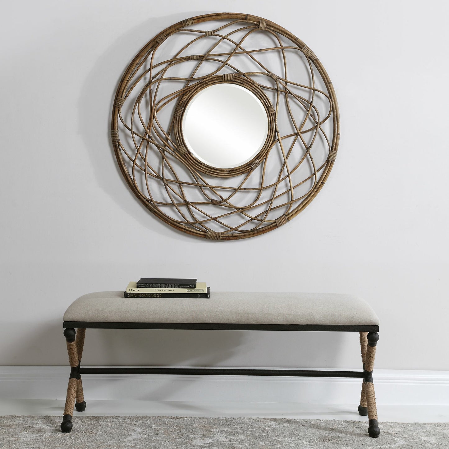 007 SR-766709 | Additional Silo | Firth Bench by Uttermost. Made from iron, mdf, rope, foam, fabric in a coastal style.