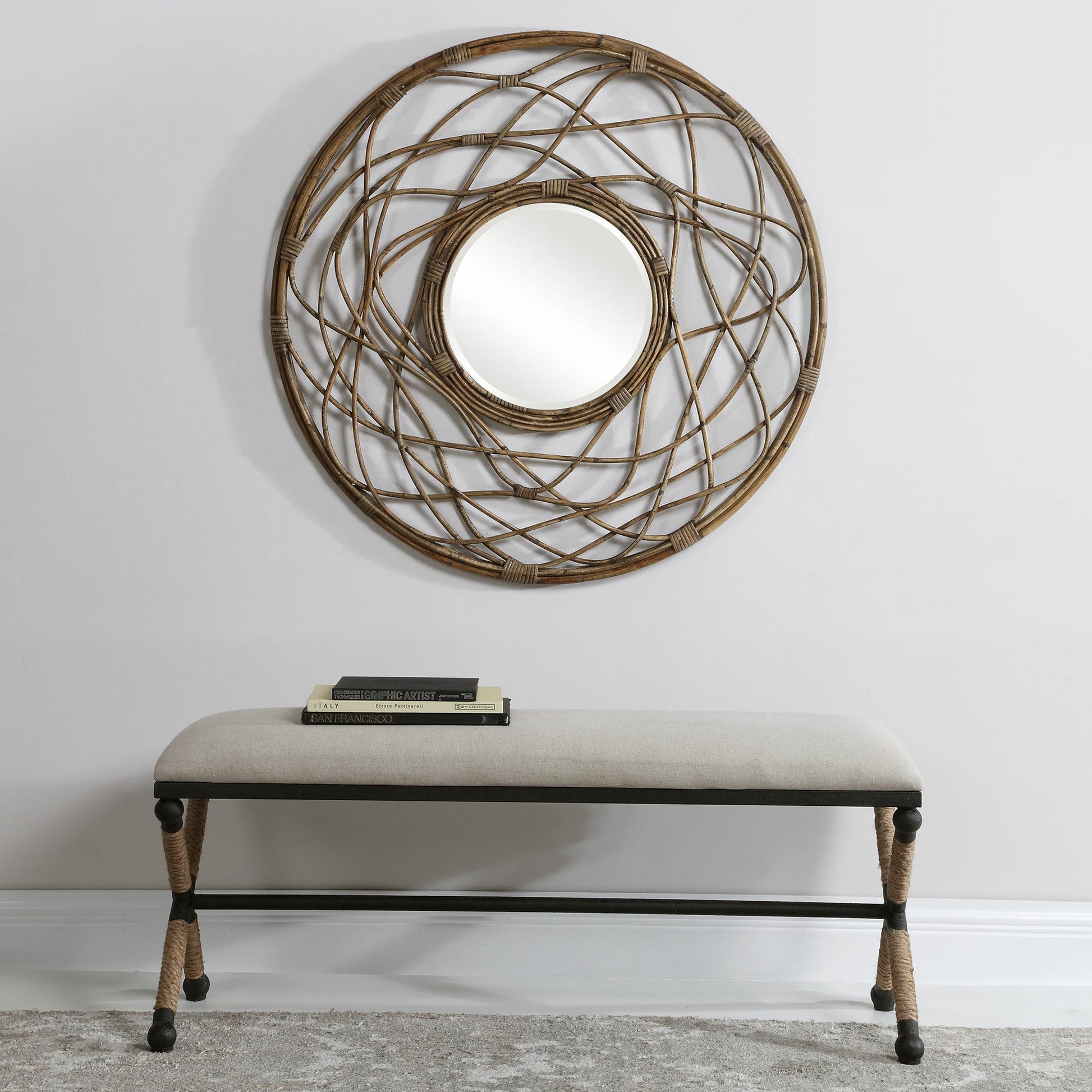 Firth Bench by Uttermost. Made from iron, mdf, rope, foam, fabric in a coastal style.